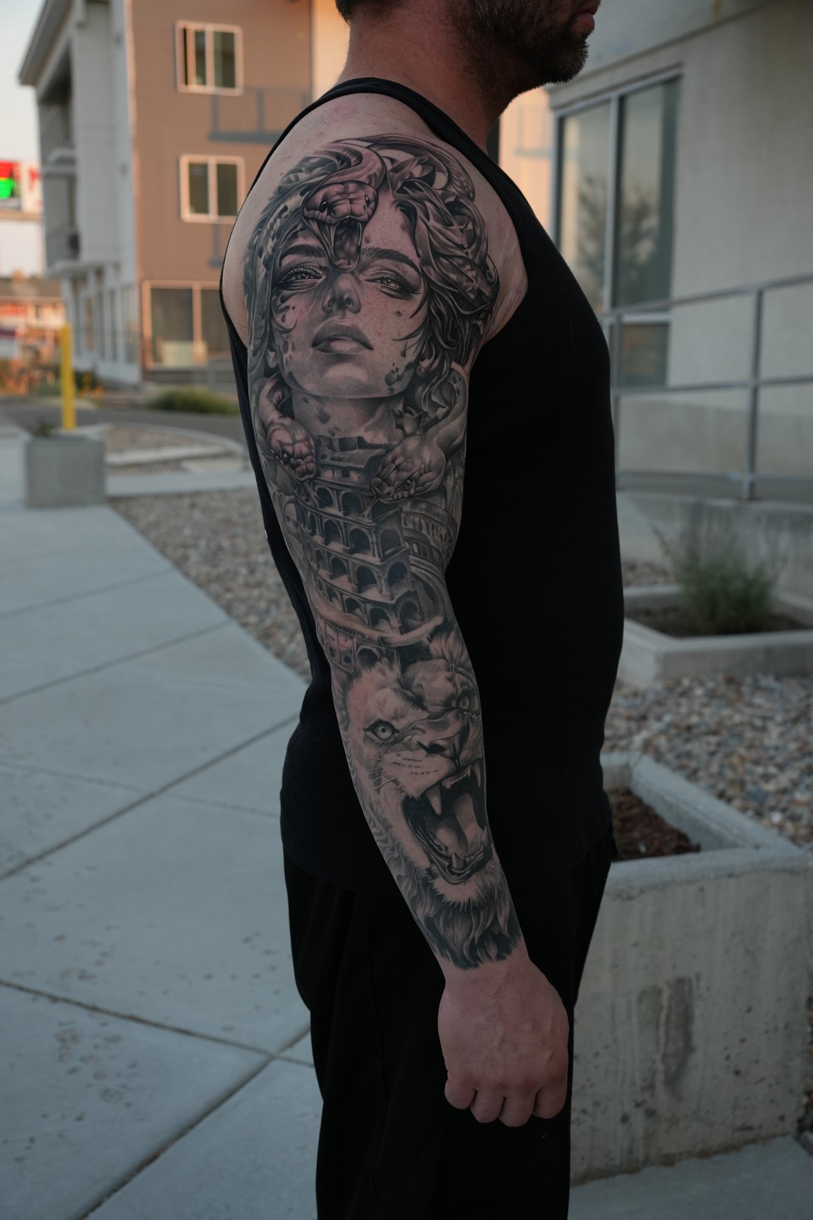 Sleeve tattoo by Eddie Gonzalez of YDCINK at Legacy Tattoo in Ogden Utah
