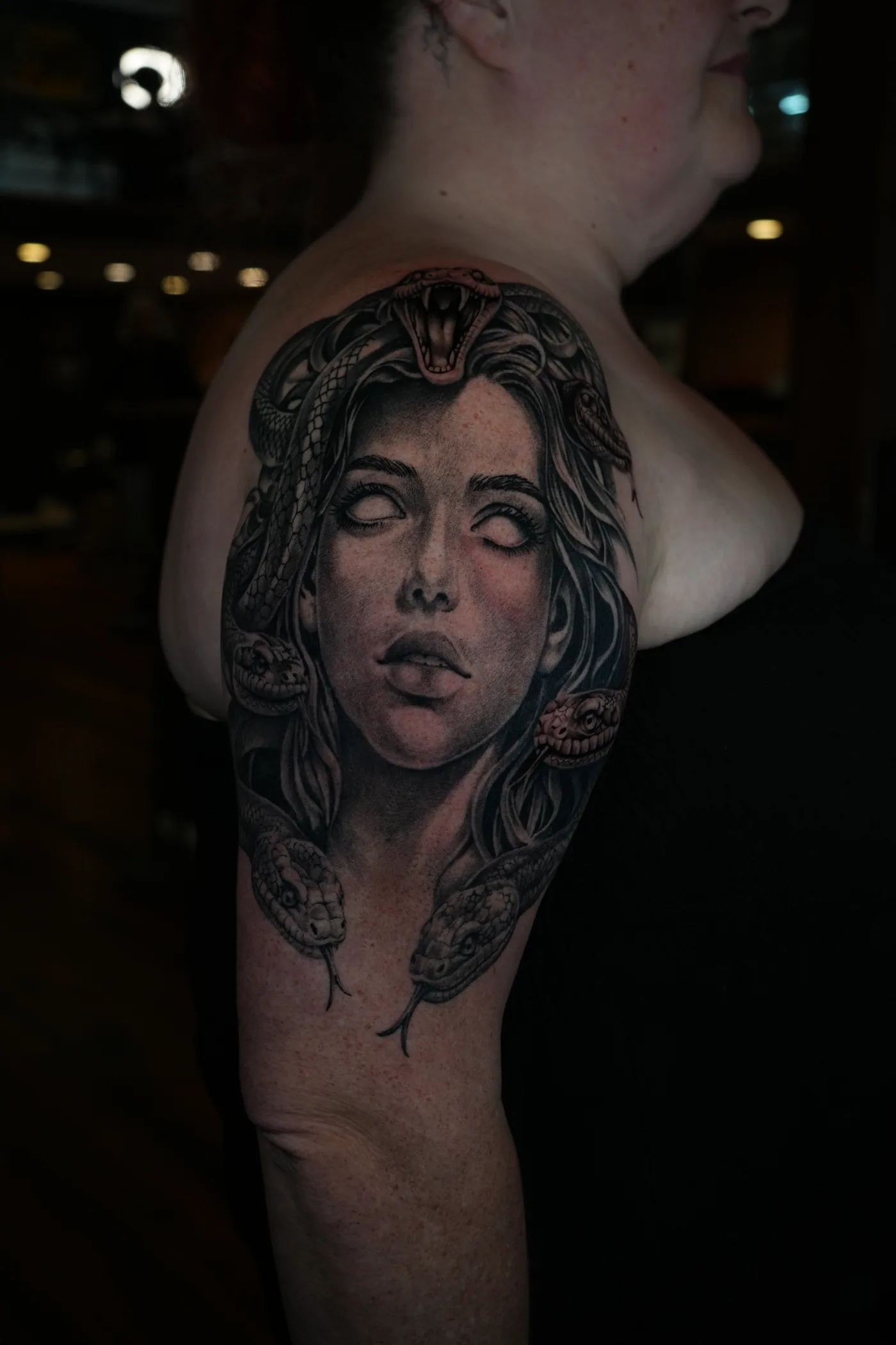 Portrait and ornamental detail tattoo by Eddie Gonzalez