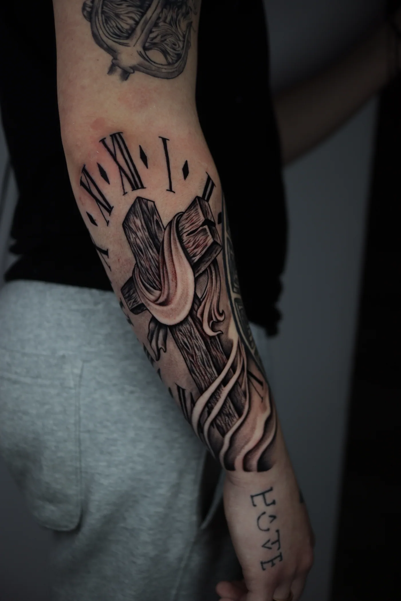 Full forearm composition tattoo by Eddie Gonzalez