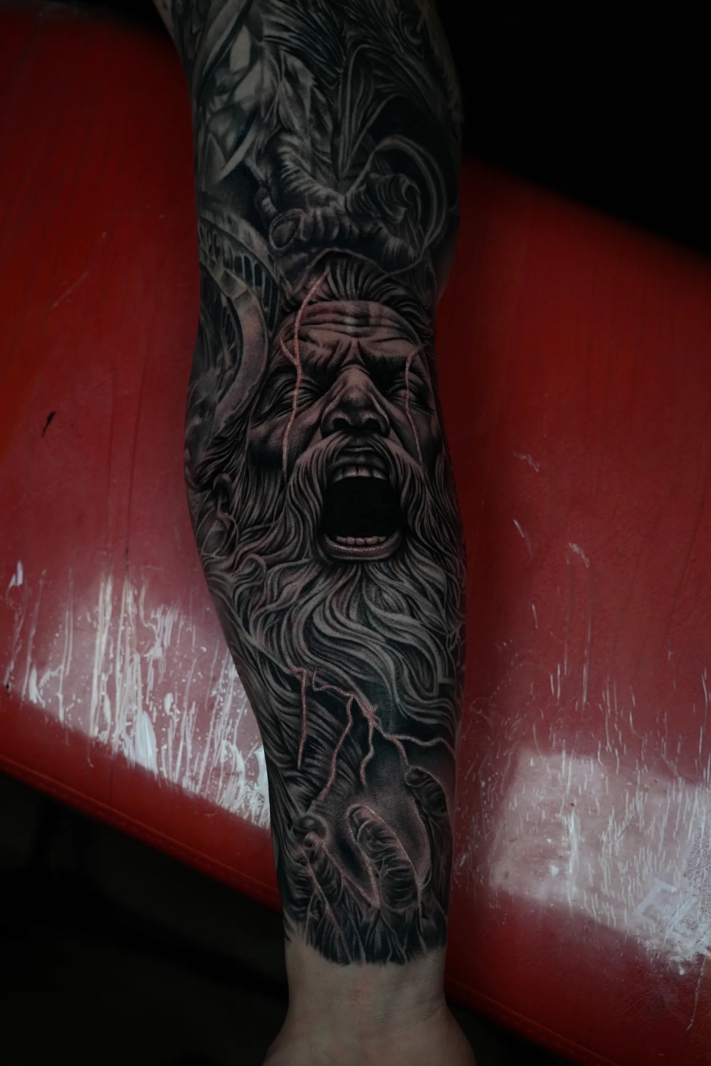 Realism leg piece tattoo by Eddie Gonzalez