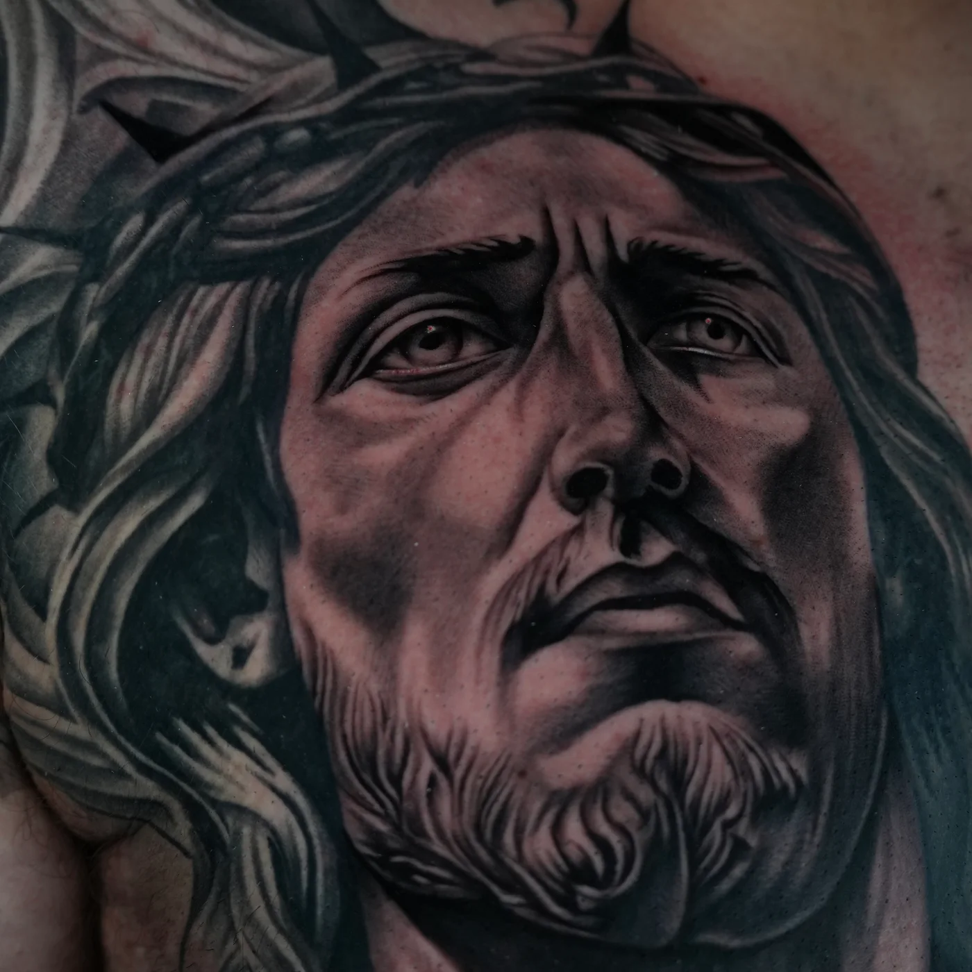 Portrait of Christ tattoo by Eddie Gonzalez