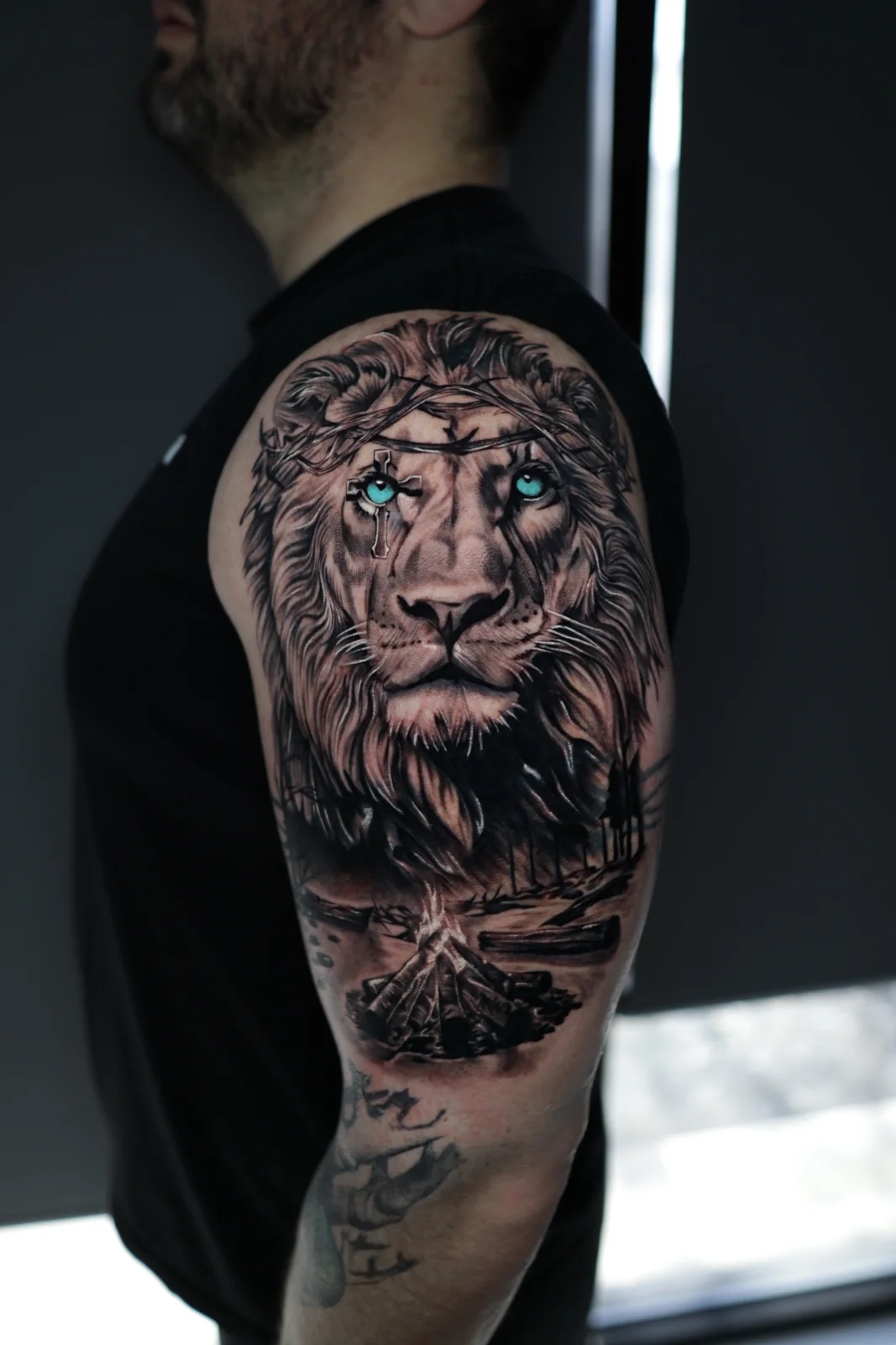 Lion portrait tattoo by Eddie Gonzalez